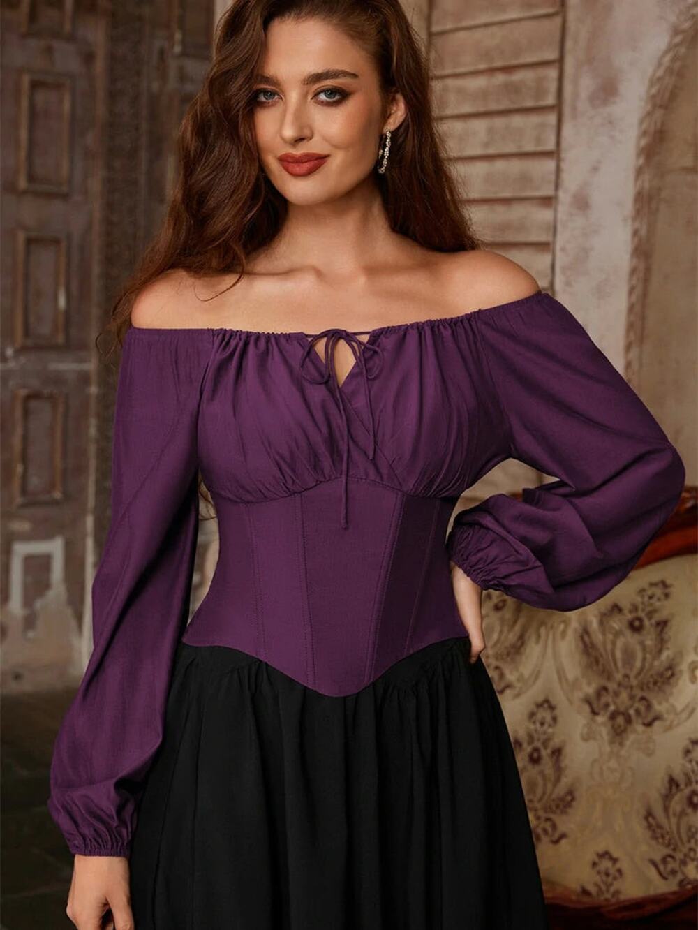 Scarlett Darkness Purple Off Shoulder Long Sleeve Boned Waist Corset Top SMALL